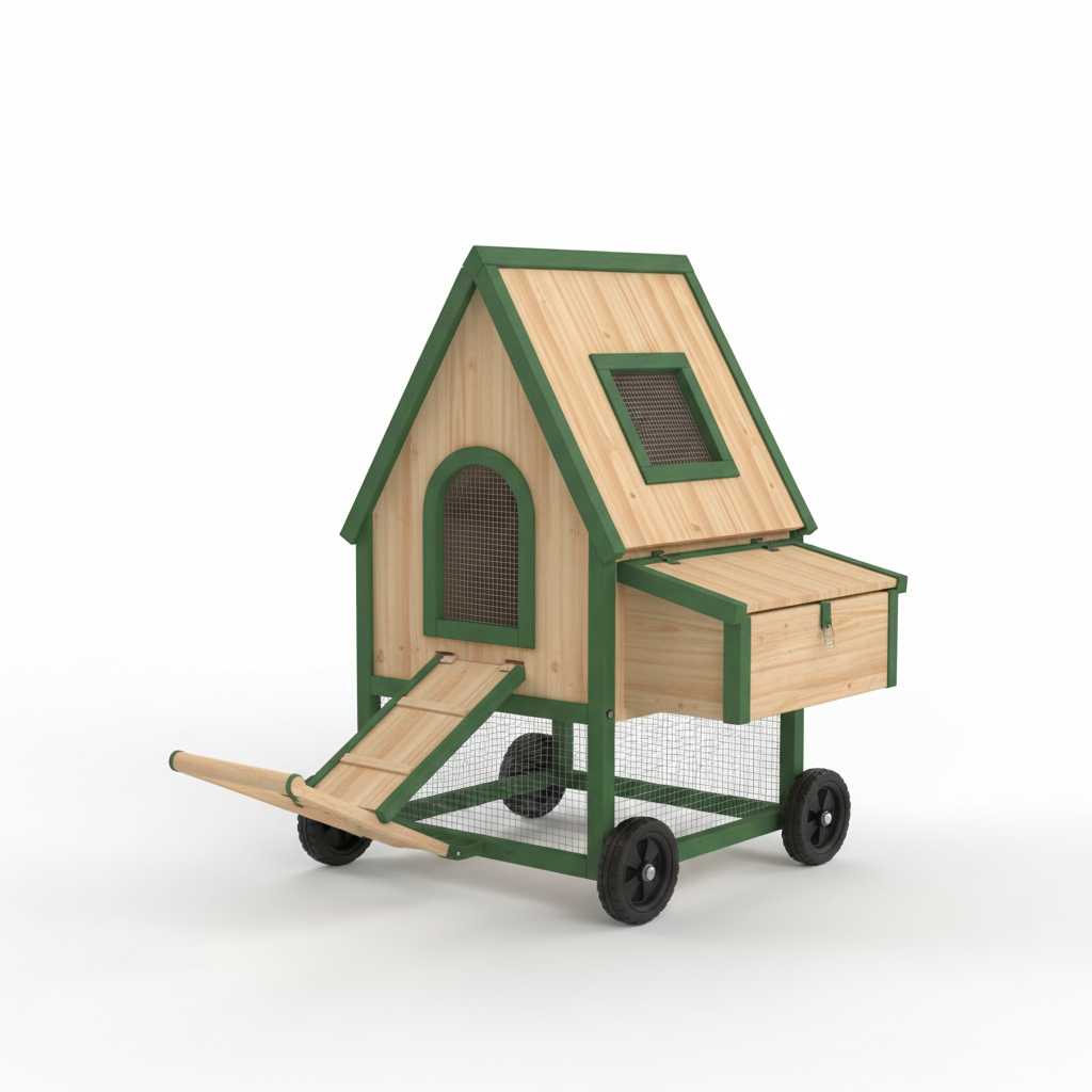 Compact mobile chicken coop on wheels with A-frame design