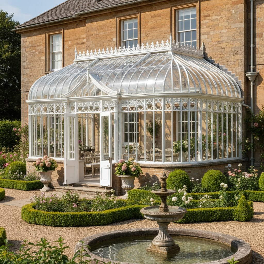English conservatory luxury greenhouse with ornate white framework and curved eaves