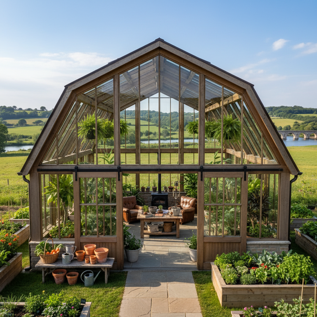 Barn-style luxury greenhouse with gambrel roof and farmhouse design