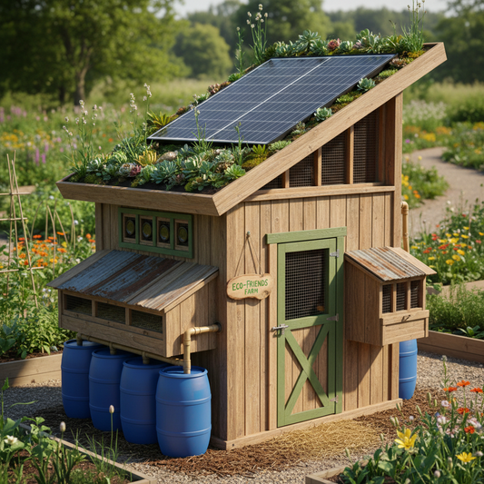 Eco-friendly solar chicken coop with sustainable materials and solar panel