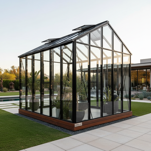 Modern minimalist luxury greenhouse with black aluminum frame and glass panels