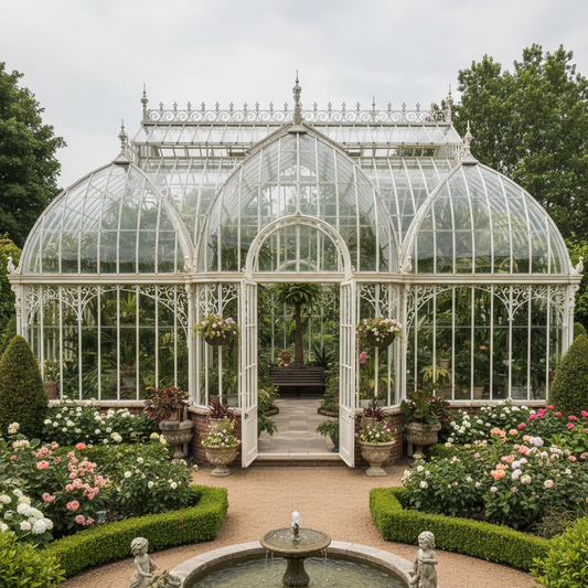 Victorian luxury greenhouse with ornate glass panels and white frame