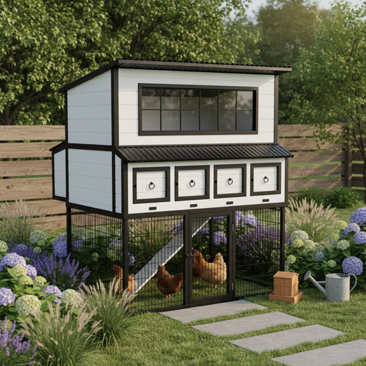Modern farmhouse style chicken coop with white painted wood and black accents