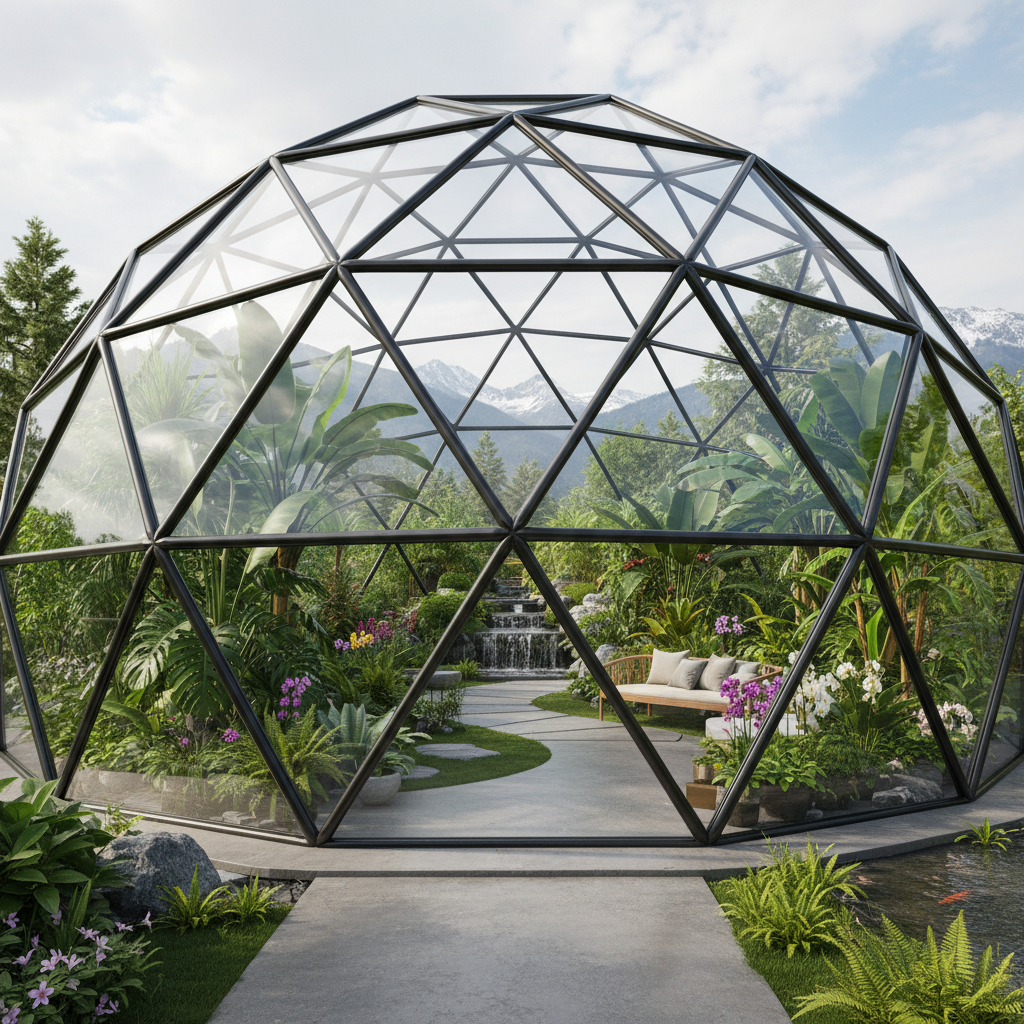 Geodesic dome luxury greenhouse with transparent panels and modern design