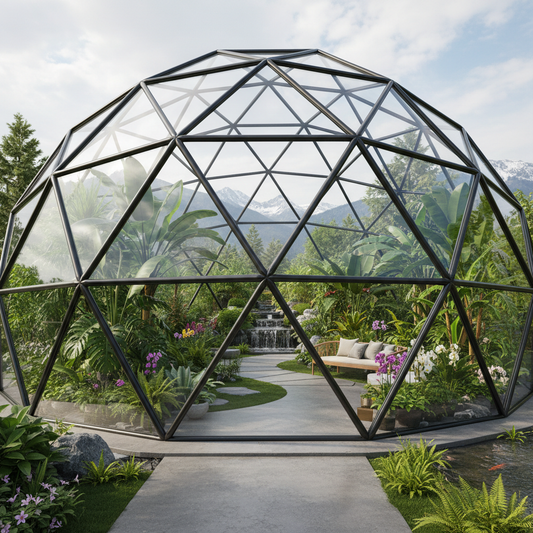 Geodesic dome luxury greenhouse with transparent panels and modern design