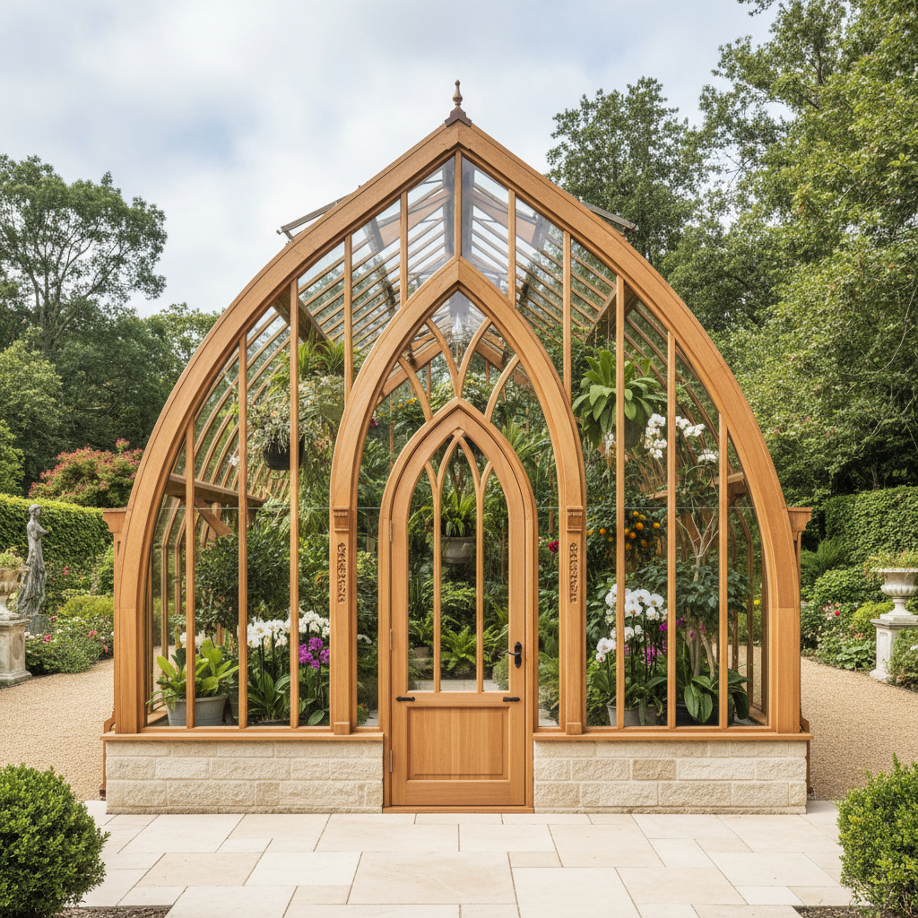 Gothic arch luxury greenhouse with cathedral peaked roof and cedar frame