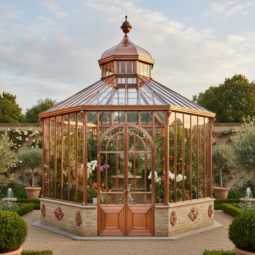 Octagonal luxury greenhouse with copper cupola and eight-sided glass design