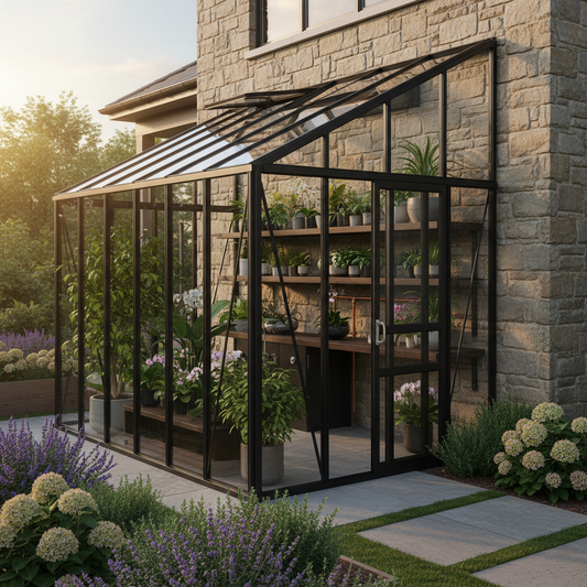 Lean-to luxury greenhouse attached to house wall with glass and aluminum construction